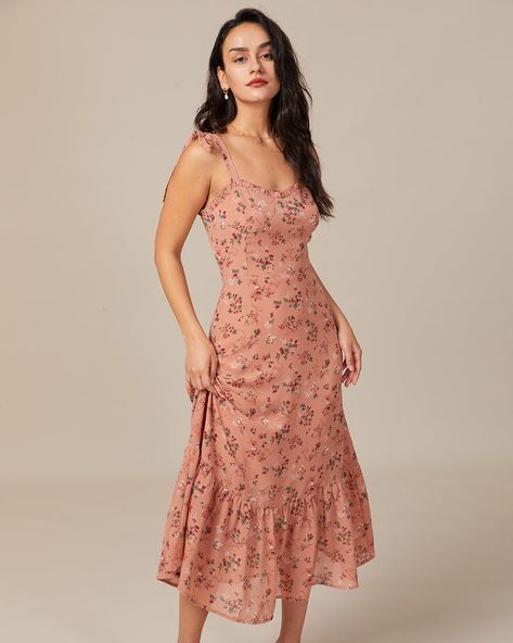 The Pink Floral Tie Shoulder Ruffle Hem Midi Dress & Reviews - Pink - Dresses | RIHOAS Pink Floral Tie, Army Green Dress, Tailored Clothes, Chiffon Collection, Ruffle Midi Dress, Taffeta Dress, Womens Floral Dress, Sleeveless Midi Dress, Hem Design