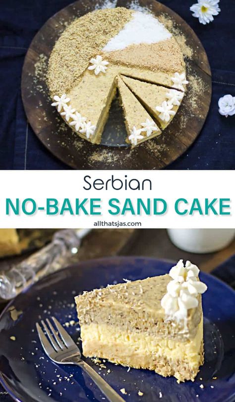 Easy and quick, creamy and delicious three layer no bake sand cake is made with just 6 ingredients and tastes like a vacation. Enjoy the graham cracker, coconut, and walnut layers of this Serbian dessert. | allthatsjas.com | #dessert #easy #quick #withpudding #walnuts #biscuits #grahamcracker #coconut #allthatsjas #recipes #nobake #summertreat #sweets #pesaktorta #pijesaktorta #Serbian Serbian Cake Recipes, Serbian Christmas Cookies, Bosnian Desserts Recipes, Sand Cake Recipe, Serbian Dessert Recipes, Serbian Cake, Balkan Desserts, Serbian Desserts, Orthodox Serbian