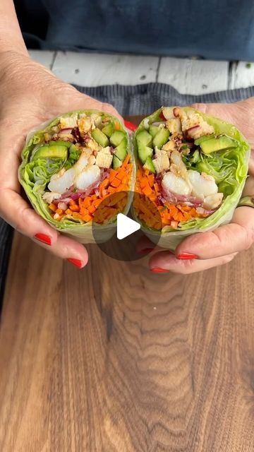 Teri Turner on Instagram: "This is simply delicious. We combined a summer roll with a wrap! It was so much fun. We saw this one on @itsvegansis and we loved putting together our own version. Use your favorite vegetables and protein.   RECIPE: Carrot Cucumber Marinated Red Onions Tofu and shrimp Radish Chili Crisp oil Top with chives and avocado  Here’s a little guide on how to wrap: Submerge each wrap into cool water for a few seconds, then lay them out so they all overlap in the center. Place your lettuce leaf in the center of the  wraps. Layer each ingredient on top of the lettuce, one after the other. Start folding the rice paper from the bottom towards the center, then fold both sides in, then roll it upwards tightly. It’s fabulous with our Hoisin Inspired Sauce.   RECIPE: 1/2 cup coco Vegetable Wraps Rice Paper, Rice Paper Wraps Recipes, Marinated Red Onions, Chili Crisp Oil, Recipes Pescatarian, Rice Paper Wraps, Summer Roll, Avocado Rice, Chili Crisp