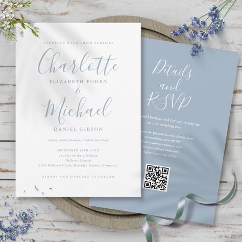 Dusty Blue Elegant Script QR Code Wedding Invitation | Zazzle Minted Invitations Wedding, Dust Blue Wedding Invitations, Invitations Wedding Blue, Dusty Blue And White Wedding Invitations, Blue Winter Wedding Invitations, Dusty Blue Invitations Wedding, Dusty Blue And Black Wedding, Wedding Invitations Light Blue, White And Blue Wedding Theme