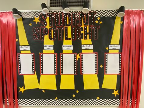 Drama Board Ideas, Performing Arts Bulletin Board Ideas, Spot Light Bulletin Board, Spotlight Student Bulletin Boards, Student Picture Bulletin Board, In The Spotlight Bulletin Board, Cinema Bulletin Board, Awards Bulletin Board Ideas, Star Students Bulletin Board