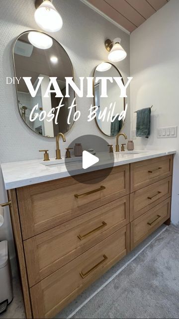 Theresa Vanderstar | DIY Renos & Home Inspo on Instagram: "What was your guess? 💰   I didn’t get a quote to have this built by a pro because I always planned to build it myself.. But I’m sure it would’ve cost a lot more!  Follow for more custom builds and cost breakdowns! 🤑  #custom #custommade #customvanity #diybuild #woodworking #carpentry #carpentryskills #diycabinets #cabinetmaker #vanityinspo #vanity #bathroomvanity #bathroomvanities #whiteoak #whiteoakcabinets #whiteoakvanity #bathroominspo #bathroominspiration #designinspo #interiordesigninspiration #diy #diyproject #moneytalk #doityourself #diyprojects #doityourselfproject #buildityourself #shebuilds #womenwhobuild" Diy Double Vanity Bathroom, Diy Double Vanity, Diy Bathroom Vanity Plans, Built In Vanity, Garage Renovation, Diy Bathroom Vanity, Diy Vanity, Custom Vanity, Double Vanity Bathroom