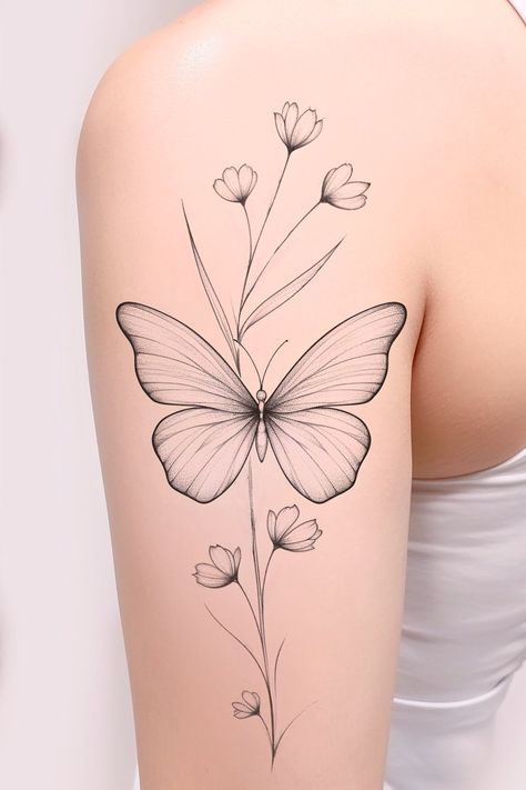 Simple Butterfly Tattoo Design For Women, Minimalist Dragonfly Tattoo, Fineline Butterfly Tattoo, Tattoo Papillon, Butterfly With Flowers Tattoo, Simple Butterfly Tattoo, Simple Flower Tattoo, Flash Designs, Simple Butterfly