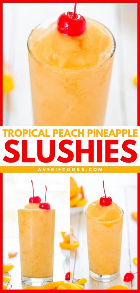 Tropical Peach Pineapple Slushies, spring, summer drinks, easy cocktail recipes Slushy Recipes, Alcoholic Slushies Recipes, Alcoholic Slush, Alcoholic Slushies, Vodka Slushies, Slushy Drinks, Pineapple Vodka, Fun Drinks Alcohol, Slushie Recipe