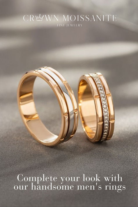 Elevate your wedding style with our collection of sleek and unique yellow gold moissanite men's wedding bands. Crafted with precision and passion, these bands exude timeless elegance and modern charm. Explore our selection today for the perfect symbol of your love story. #MensWeddingBands #YellowGoldMoissanite #UniqueMensBand #SleekMensBand #ClassyMoissanite #TrendyMensBand #DreamyWeddingBands #VintageMensBands Latest Gold Ring Designs, Men's Wedding Bands, Mens Gold Rings, Gold Ring Designs, Gold Jewellery Design Necklaces, Classic Metal, Jewelry Design Necklace, Mens Band, Mens Gold