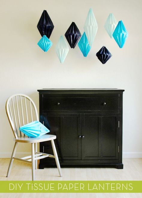 DIY Geometric Paper Lanterns   credit: Jenny Batt [http://ohhappyday.com/2012/08/diy-geometric-lanterns/] Tissue Paper Lanterns, Paper Lamps, Geometric Lantern, Diy Lamps, Bumbo, How To Make Lanterns, Bohol, Event Ideas, Crafty Craft