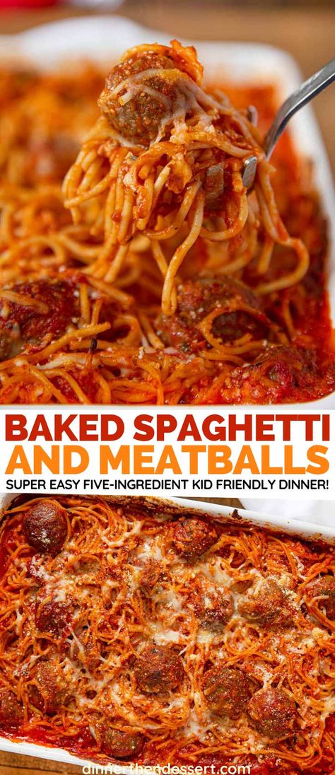 Baked Spaghetti and Meatballs is the perfect easy, kid-friendly weeknight dinner with only 5 ingredients! #spaghetti #meatballs #spaghettiandmeatballs #bakedspaghetti #bakedpasta #easydinner #dinnerrecipes #dinnerthendessert Spagetti And Meatball Recipe, Baked Spagetti, Spaghetti Meatball Recipes, Baked Spaghetti And Meatballs, Easy Baked Spaghetti, Recipes Spaghetti, Baked Spaghetti Recipe, Spaghetti Meatballs, Easy Pasta Dinner