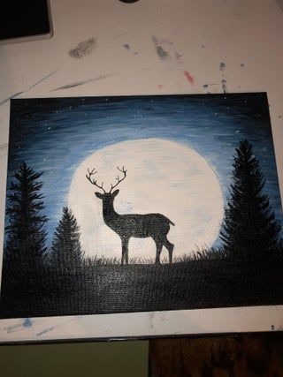 Deer in the Moonlight : 6 Steps (with Pictures) - Instructables Easy Moose Painting, Deer Painting Acrylic Easy, Deer Painting Easy, Deer Silhouette Painting, Deer Drawing, Oil Painting Background, Black Canvas Paintings, Deer Painting, Directed Drawing