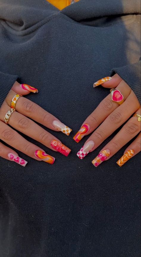 Trippy Pink Nails, Fun Design Acrylic Nails, Long Acrylic Nails Summer 2024, Nail Ideas Crazy, Nails With Lots Of Designs, Long Bright Nails, Dreamville Festival Nails, Birthday Nail Ideas Coffin, Fun Long Nails