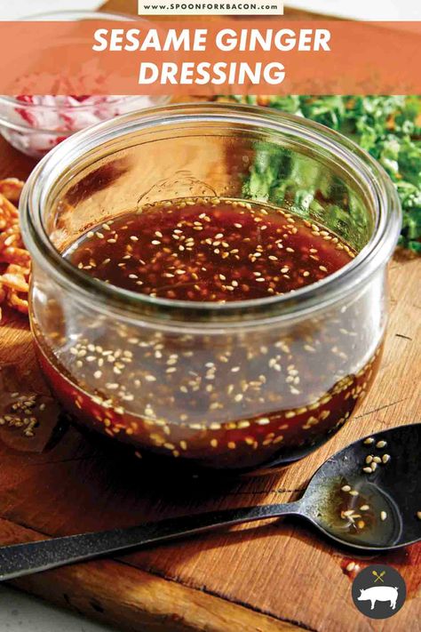 The most delicious Sesame Ginger Dressing that can also be used as a simple marinade for proteins like chicken, fish and shrimp. It's so easy to whip up and will last for weeks in the refrigerator! #saladdressing #dressing #sesame #ginger Ginger Wraps, Simple Marinade, Ginger Salad Dressings, Sesame Ginger Dressing, Spoon Fork Bacon, Sesame Dressing, Salad Dressing Recipes Homemade, Sesame Ginger, Ginger Dressing