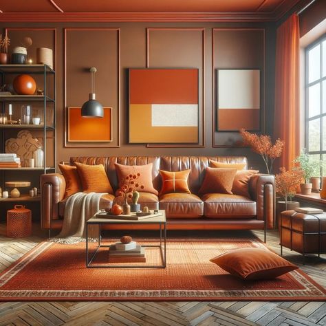 burnt orange with brown leather couch Burnt Orange Sofa Decor, Burnt Orange Sofa Living Room, Brown Leather Sofa Living Room, Burnt Orange Living Room, Burnt Orange Decor, Turquoise Living Room Decor, Brown Sofa Living Room, Tan Leather Sofas, Furniture Colors