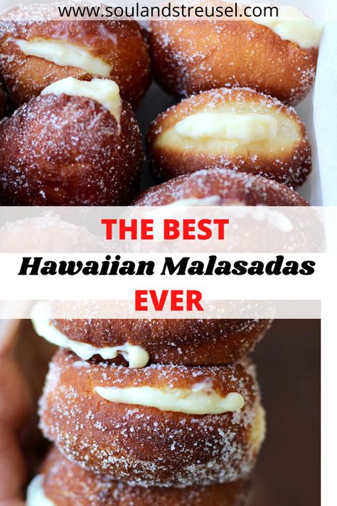 Hawaiian Donut Recipe, Malasadas Recipe Hawaii Easy, Polynesian Dessert Recipes, Traditional Hawaiian Desserts, Hawaiian Doughnut, Mochi Malasada Recipe, Portuguese Malasadas Recipe, Hawaiian Breakfast Ideas, Kings Hawaiian Sticky Buns