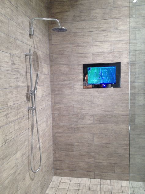 TV in the shower....hahaha ;) Shower Tv Bathroom Ideas, Tv In Shower Master Bath, Tv In Bathroom Ideas, Tv In Bathroom, Shower Diy, Diy Shower, Diy Cans, House Projects, The Shower