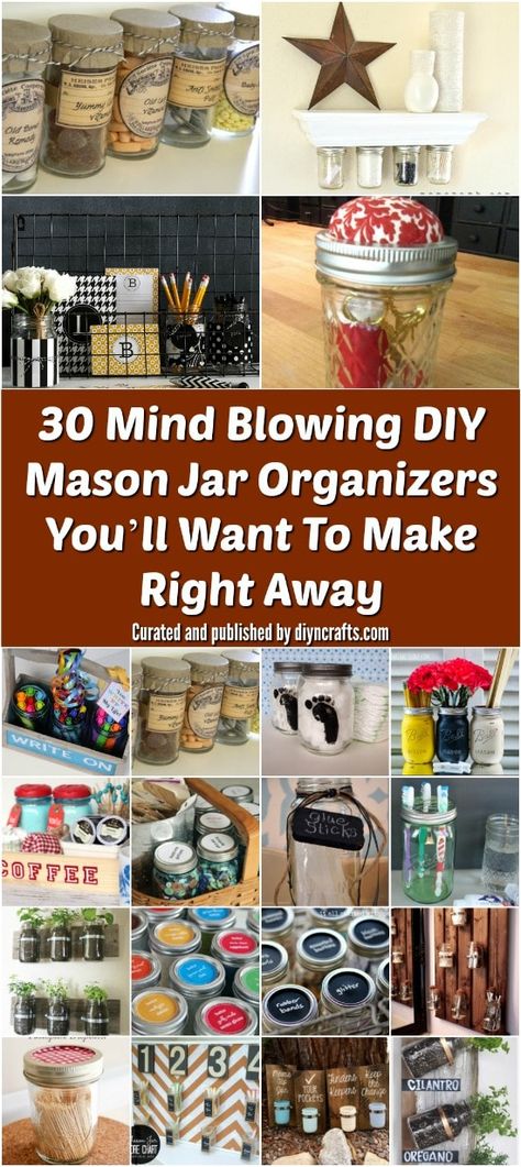 30 Mind Blowing DIY Mason Jar Organizers You’ll Want To Make Right Away - Curated and published by diyncrafts.com team! Enjoy :) Mason Jar Organization, Diy Hanging Shelves, Mason Jar Projects, Diy Mason Jar, Closet Organization Diy, Mason Jar Crafts Diy, Mason Jar Gifts, Diy Holz, Mason Jar Lighting