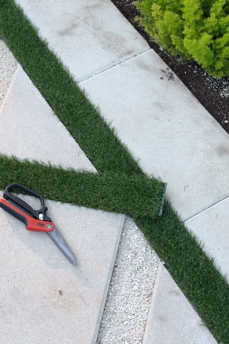 How to Install Artificial Turf Between Pavers: A Step-by-Step Guide Paver Ideas For Front Yard, Diy Turf And Pavers Backyard, Square Pavers With Grass In Between, Diy Pavers And Turf, Diy Paver Steps, Artificial Turf Patio Ideas, Turf Walkway Ideas, Backyard With Turf Ideas, Concrete Patio Edging Ideas