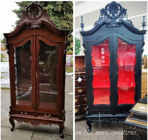 Diy Goth Furniture, Repainted China Cabinet, Wardrobe Restoration, Goth Wardrobe Furniture, Graffiti Cabinet, Black And Red Gothic Furniture, Goth Display Cabinet, Goth China Cabinet, Floating Nightstand Ideas