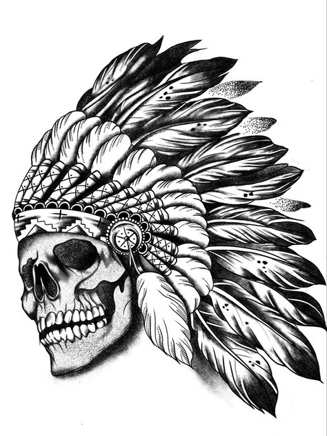 Native American Skull Tattoo Headdress, Native American Headdress Drawing, Skull Chief Tattoo, Indian Skull Tattoos Warriors, Indian Skull Drawing, Skull With Headdress Tattoo, Indian Skull Tattoo Design, Skull With Feathers Tattoo, Native American Skull Tattoo