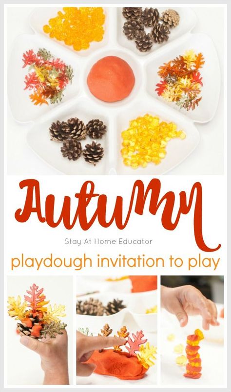 Teach a Range of Levels with Autumn Play Dough Invitation to Play | fall activities  for preschoolers Playdough Loose Parts, Invitation Play, Playdough Trays, Kindergarten Invitations, Fall Activities For Preschoolers, Playdough Invitation, Fall Playdough, Autumn Preschool, Play Dough Invitation