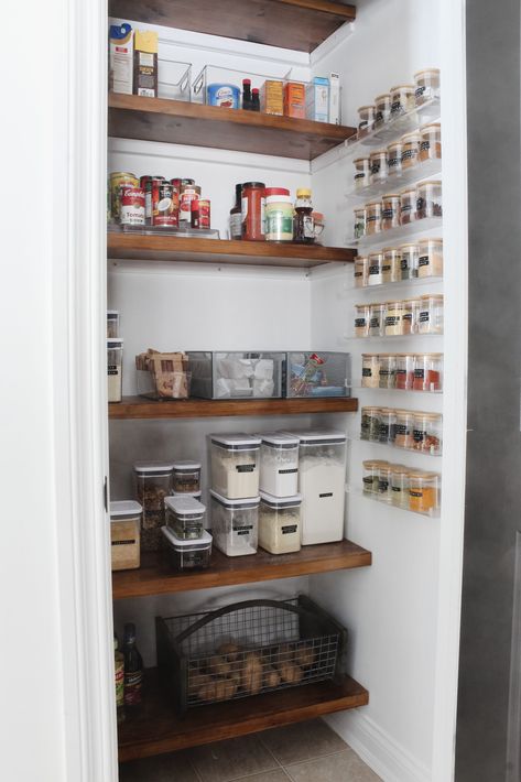 A how-to on turning a kitchen closet into a pantry complete with custom shelving. Closet Turned Pantry, Kitchen Closet Pantry, Spice Shelves, Pantry Diy, Pantry Renovation, Pantry Closet Design, Deep Closet, Open Pantry, Deep Pantry