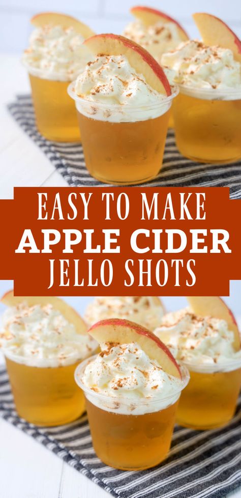 These apple cider jello shots are perfect for fall!If you love Thanksgiving desserts, then you will love these sparkling cider jello shots that are the perfect fall shot recipe. Autumn jello shots, autumn jelly shots, Thanksgiving cocktails, Thanksgiving jello shots Apple Cider Jello Shots Vodka, Apple Crisp Jello Shots, Thanksgiving Shots Jello, Holiday Jello Shots Thanksgiving, Pumpkin Pie Jello Shots, Jello Shots Fall, Jello Shots Vodka Halloween, Brown Jello Shots, Pumpkin Jello Shots