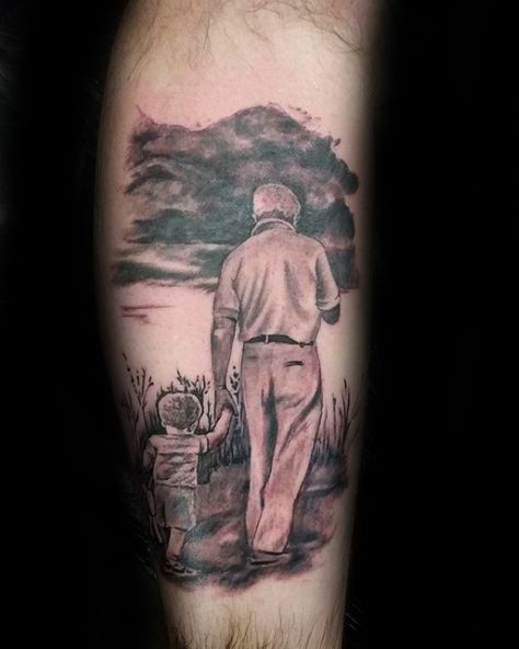 Boy With Grandfather Mens Leg Tattoo Design Chicano Tattoo Drawings, Grandfather Memorial Tattoos, Grandchildren Tattoos, Grandfather Tattoo, Grandpa Tattoo, Grandparents Tattoo, Father Daughter Tattoos, Army Tattoos, Remembrance Tattoos