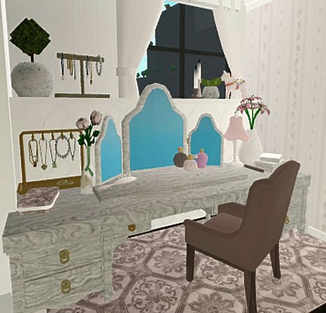 Bloxburg Beauty Room, Bloxburg Makeup Desk, Vanity Ideas Bedroom Bloxburg, Vanity Ideas Bloxburg, Vanity Bloxburg, Bloxburg Vanity Ideas, Bloxburg Vanity, Bloxburg Coquette, Bloxburg Teen Room