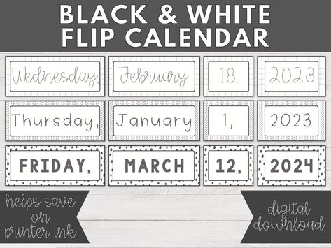 Flip Date Calendar Classroom, Minimalist Classroom, Black And White Classroom Decor, White Classroom Decor, Magnetic Curtain Rod, Black And White Classroom, Retro Backgrounds, Editable Teacher Planner, White Classroom