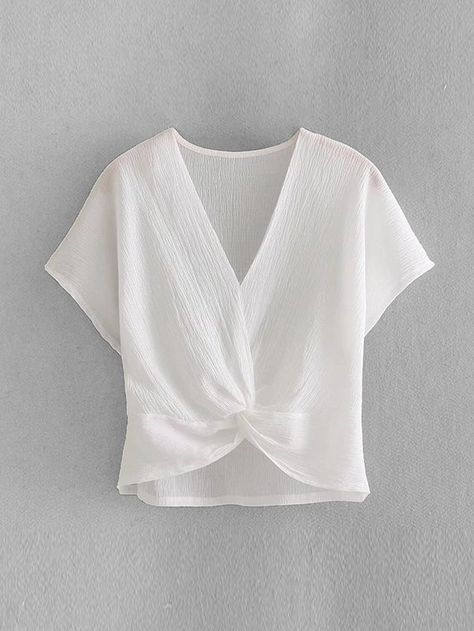 Twist Front Blouse -SheIn(Sheinside) Twist Blouse, Knotted Top, Pretty Blouses, Shirts Women, V Neck Blouse, Twist Front, Blouse Styles, Blouse Dress, Moda Casual