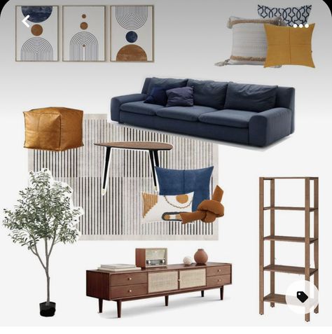 Blu Navy Living Rooms, Blue Details Living Room, Blue Couch Scandinavian Living Room, Modern Boho Living Room Blue Couch, Navy Blue Couch Living Room Decor Boho, Blue Sofa Rugs, Navy Blue Mustard And Brown Living Room, Navy Yellow Rug, Navy Sofa Rug Ideas