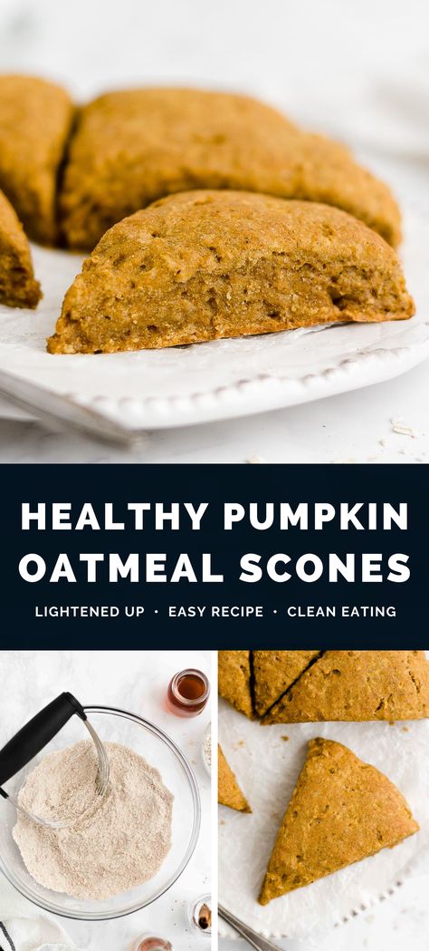 This is the BEST pumpkin scones recipe! Really moist, full of spices & perfect for fall. Quick & easy to make too — less than 30 minutes of prep! Oats help keep these healthy pumpkin scones soft. Yup, even with no eggs or cream! They’re SO good!! (clean eating, no refined sugar, and great gluten free, dairy free & vegan options) ♡ Pumpkin spice scones recipe. Healthy vegan pumpkin scones. Easy healthy pumpkin scones. Best moist pumpkin scones. Pumpkin scones recipe no egg. Oat Flour Pumpkin Scones, Scones Recipe Healthy, Vegan Pumpkin Scones, Scones Pumpkin, Healthy Pumpkin Oatmeal, Pumpkin Spice Scones, Oatmeal Scones, Healthy Scones, Pumpkin Scones Recipe