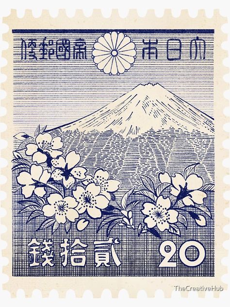 "Vintage Engraved Blue Mount Fuji Stamp - Japan " Sticker for Sale by TheCreativeHub | Redbubble Japanese Design Pattern, Mount Fuji Illustration, Stamps Wallpaper, Japan Postcard, Japanese Stamps, Japan Stamp, Japan Stickers, Japanese Stickers, Japan Icon