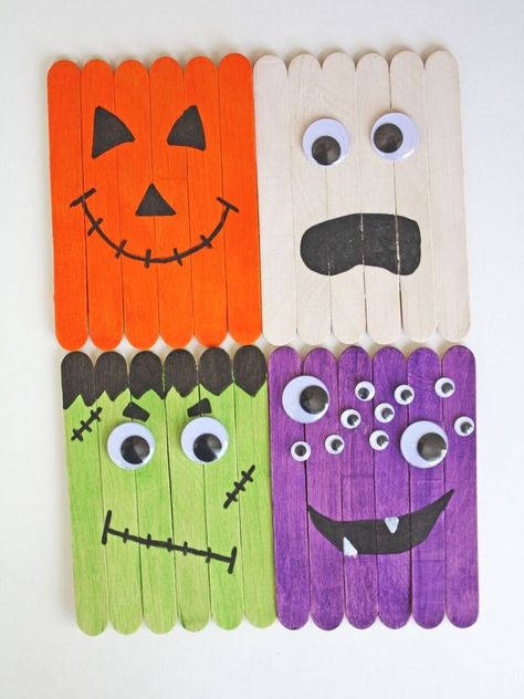 Popsicle Sticks Halloween Crafts, Toddlers Crafts, Popsicle Stick Crafts For Kids, Dulceros Halloween, Dekorasi Halloween, Halloween Crafts Preschool, Halloween Crafts For Toddlers, Creeper Minecraft, Popsicle Crafts