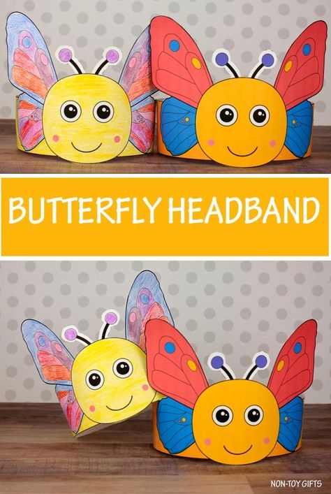 DIY butterfly headband for kids to make this spring Butterfly Headband Craft, Spring Hats For Kids, Spring Hats For Kids Diy, Black And White Template, Baby Template, Spring Flower Crafts, Recycled Toys, Butterfly Headband, White Template