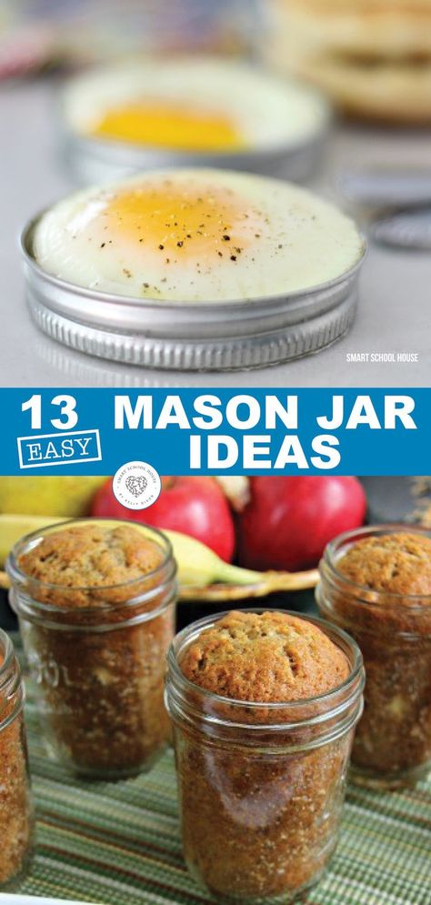 Mason jars are so handy. They can be put to so many uses. Take a look at 13  of my most favorite uses for mason jars. These 13 easy Mason Jar ideas are sure to make your life just a little bit easier. From cooking to cleaning, you can use these mason jar ideas for just about anything. Discover new uses for these handy jars today. #masonjars #diy #baking #cleaning #jaruses #easy #smartschoolhouse Decorative Mason Jar Lids, Baking In Mason Jars, Things To Make For Christmas Gifts Mason Jars, Mason Jar Drink Recipes, Decorating Mason Jars Ideas, What To Do With Mason Jars, Things To Do With Mason Jars, Mason Jar Food Ideas, Mason Jars Recipes