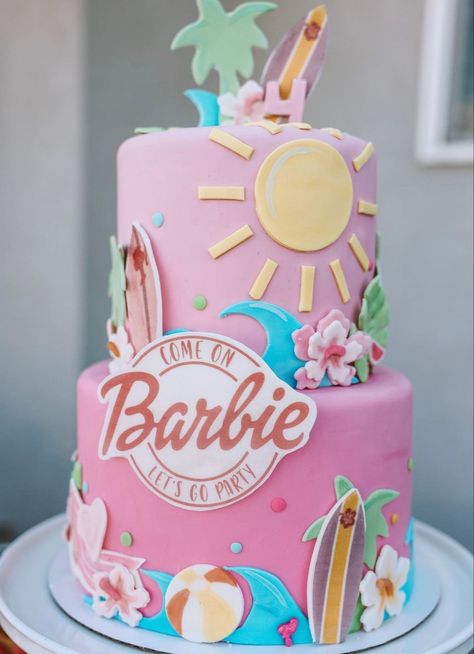 Barbie Pool Party Birthday Cake, Barbie Cake Popsicles, Barbie The Movie Cake, Summer Barbie Birthday Party, Barbie Beach Cake, Malibu Barbie Birthday Cake, Beach Barbie Birthday Party, Barbie Pool Party Cake, Barbie Movie Cake