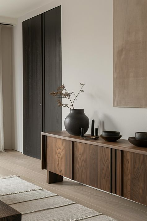 Japandi Furniture: Key Pieces for Your Minimalist Interiors - Quiet Minimal Japandi Interiors Black, Japandi Credenza, Japandi Hallway, Bedroom Japandi, Minimalism Interior Design, Japanese Furniture Design, Japandi Living Room Design, Japandi Furniture, Calm Space