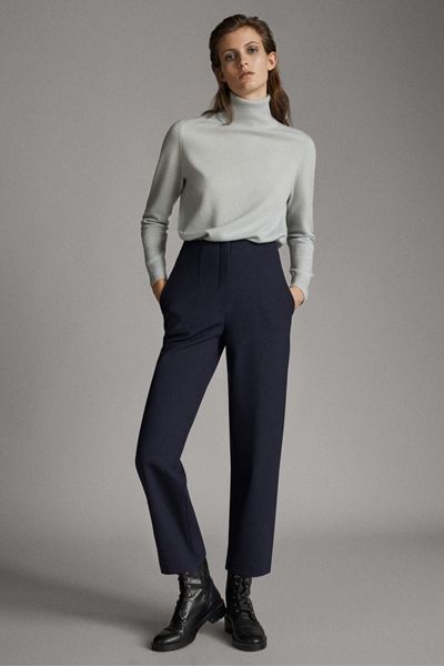 The Best Work Trousers To Buy Now | SheerLuxe Navy Trousers Outfit Women, Navy Trousers Outfit, Trousers Women Outfit, Work Trousers Women, Navy Trousers, Massimo Dutti Women, Work Trousers, Stylish Sweaters, Wool Trousers