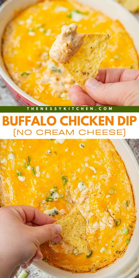 A perfect party snack food! This delicious game day recipe features a healthier buffalo dip. While this buffalo chicken dip without cream cheese is protein-packed, it's still cheesy, spicy, and flavorful! Save this easy appetizer recipe for party! Buffalo Chicken Dip Without Cream Cheese, Dips Without Cream Cheese, Chicken Dip Without Cream Cheese, Buffalo Cream Cheese, Healthy Buffalo Chicken Dip, Oatmeal Crisp, Buffalo Dip, Buffalo Chicken Dip Easy, Cheesy Dip