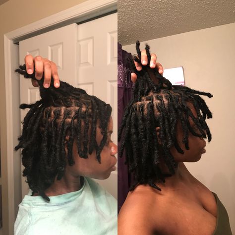 3 month difference. Went 2 months w/o a retwist. IG: @allanteamour_  #shortlocs #locs #locstyles #thicklocs #chunkylocs #darkskin #womenwithlocs Dreads And Braids, Beautiful Dreadlocks, Short Locs Hairstyles, Starter Locs, Dreadlock Styles, Dreads Styles, Natural Hair Twists, Animals Quotes, Dreadlock Hairstyles