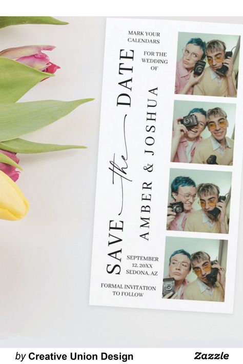 This save the date wedding invitation design features a fun photo booth style format. Easily add your four square photos (simply take 4 selfies with your phone, crop and upload!). Click the personalize button to edit the text colors and background color. Photo Booth Invitation, Unique Save The Date Photos, Wedding Save The Date With Photo, Photo Booth Wedding Invitations, Photobooth Save The Date, Photo Booth Save The Date, Fun Save The Date Ideas, Save The Date Photo Booth, Wedding Save The Date Ideas