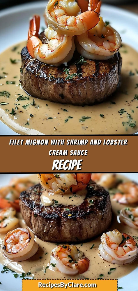 Ingredients:

4 filet mignon steaks (6-8 oz each)
2 tbsp olive oil
1/2 cup lobster meat, chopped
1/2 cup shrimp, peeled and deveined
1 cup heavy cream
Succulent filet mignon topped with a rich shrimp and lobster cream sauce—a truly indulgent and elegant dish, perfect for special occasions. Recipes With Filet Mignon, Lobster Cream Sauce For Steak, Filet Mignon With Shrimp And Lobster Cream Sauce, Lobster Sauce For Steak, Shrimp Sauce For Steak, Steak Cream Sauce, Steak And Lobster Dinner, Lobster Cream Sauce, Lobster Sauce