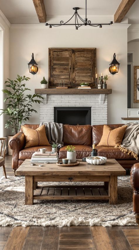 Industrial Farmhouse Living Room Industrial Farmhouse Decor Living Room, Distressed Leather Couch, Western Boho Living Room, Cozy Industrial Living Room, Decor Over Couch, Joanna Gaines Living Room, Lodge Living Room, Industrial Farmhouse Living Room, Brown Leather Couch Living Room