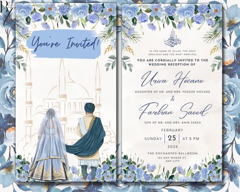 Animated Digital Nikkah Ceremony Shaadi Walima Wedding Engagement Muslim Desi Invitation Invite Card Template Floral Regal Ice Blue Masjid by BTWeddingCreations on Etsy Desi Invitation Cards, Nikkah Cards Invitations Template, Walima Invitation Card Template, Desi Wedding Cards, Muslim Engagement Invitation Cards, Nikkah Invitation Cards Template, Digital Wedding Invitations Templates Design, Muslim Wedding Card Template, Wedding Card Design Muslim