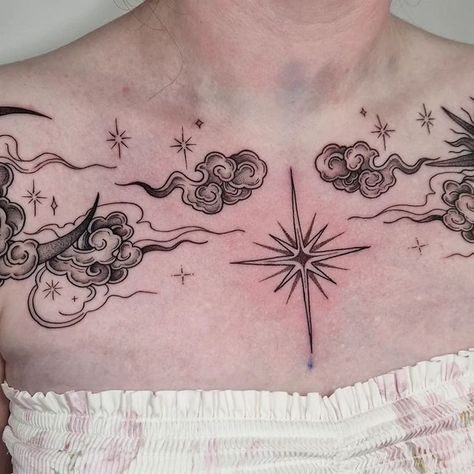 Collarbone Chest Tattoo, Star Tattoos Chest, Delicate Throat Tattoo, Sternum Small Tattoo, Stella Luna Tattoo, Asymmetrical Chest Tattoo, Men’s Sternum Tattoo, Celestial Chest Tattoo, Witchy Chest Tattoo Female