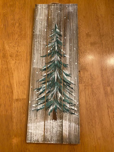 Easy Christmas Craft Decorations, Christmas Tree Ideas Painting, Painted Wood Trees, Painting Wood Christmas Trees, Painted Trees On Wood, Christmas Board Painting, Christmas Pallet Painting, Easy Christmas Paintings On Wood, Painted Christmas Trees On Wood