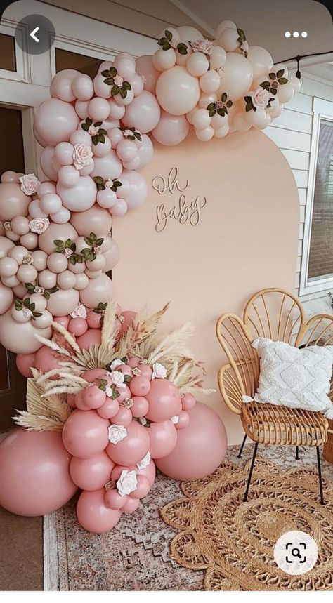 Pink And Ivory Balloon Garland, Balloon Arch For Quinceanera, Floral Theme Backdrop, Pink Boho Balloon Arch, Baptismal Backdrop Girl, Balloon Flower Backdrop, Big Flowers Decorations, Pink Balloons Garland, Flower Wall With Balloon Arch