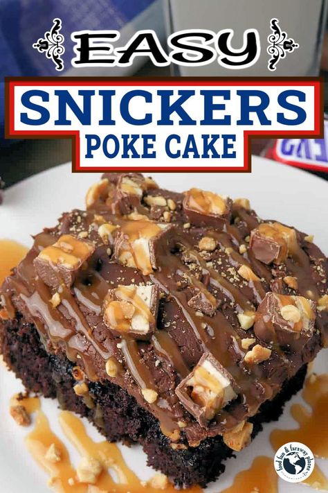 This easy snickers poke cake recipe is a rich chocolate cake drizzled in gooey caramel, covered in chocolate frosting, and sprinkled with peanuts and chopped Snickers. What could be more delicious? Snicker Poke Cake, Snickers Poke Cake Recipe, The Most Amazing Chocolate Cake Recipe, Easy Snickers Cake, Snicker Cake Recipe, Snickers Dessert Recipes, Poke Cakes Recipes, Cabin Treats, Snicker Cake