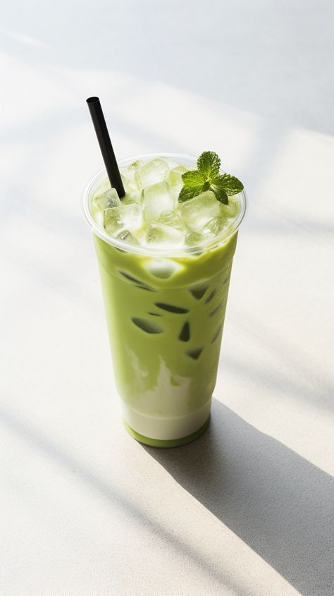 Matcha Drink Photography, Es Matcha, Iced Matcha Latte Aesthetic, Matcha Coffee Latte, Matcha Drink Aesthetic, Ice Matcha Latte, Ice Green Tea, Pudding Packaging, Coffee Shoot