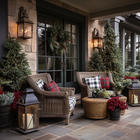 Christmas decor porch Primitive Christmas Front Porch Ideas, Outdoor Christmas Rugs, Christmas Decorating Outside Of House, Ballard Designs Christmas, How To Decorate A Long Front Porch, Neutral Christmas Front Porch, Large Screened In Porch Decorating Ideas, Vintage Christmas Front Porch Decor, Ralph Lauren Fall Decor