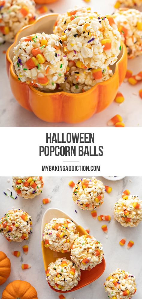 Marshmallow Popcorn Balls Halloween, Halloween Fluffy Popcorn, Halloween Treats With Candy Corn, Homemade Popcorn Balls Halloween, Halloween Work Snacks, Spooky Popcorn Balls, Popcorn Recipes Halloween, Candy Corn Popcorn Balls, Popcorn Balls Recipe Easy Halloween